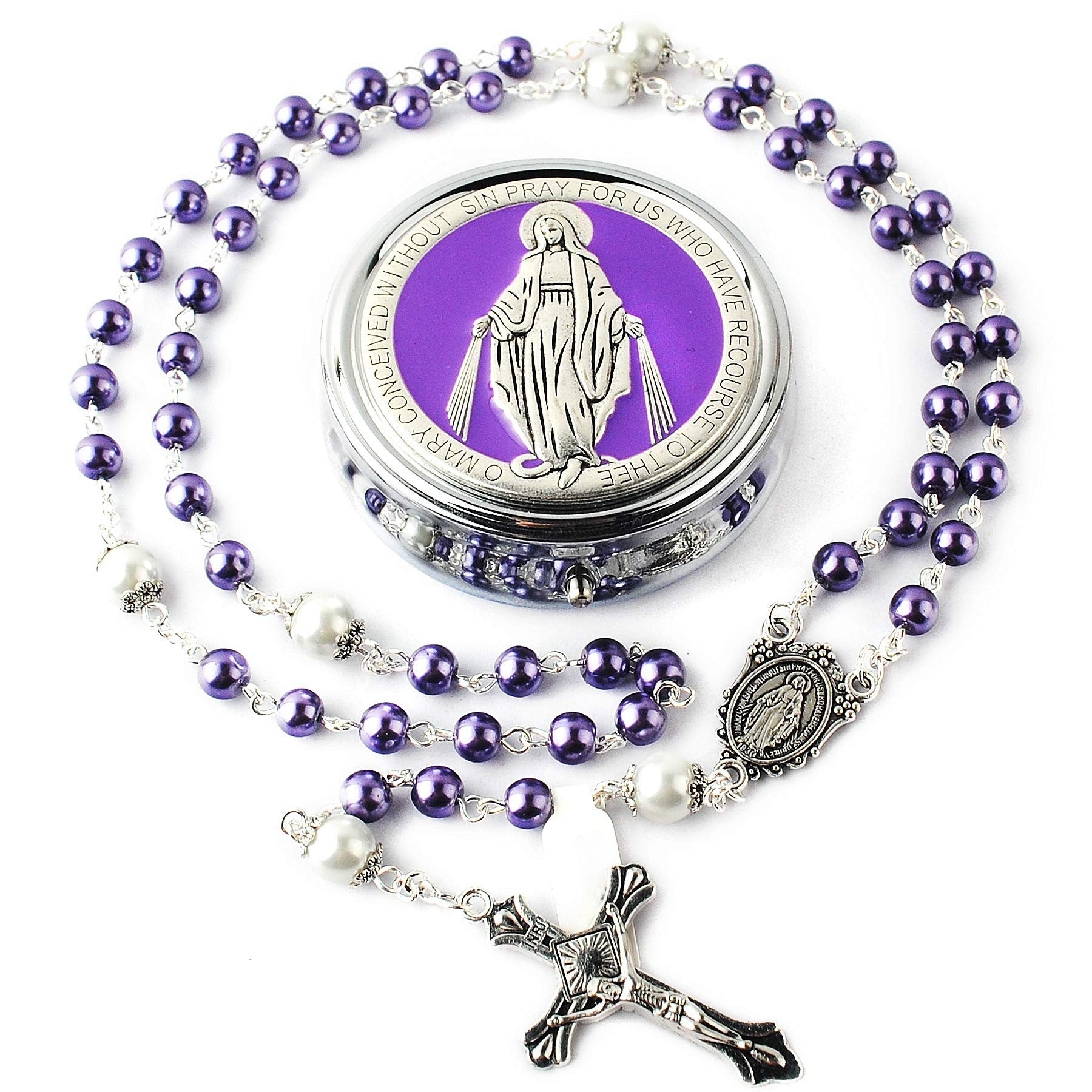 Virgin Mary alloy rosary beads — comes with a jewelry box