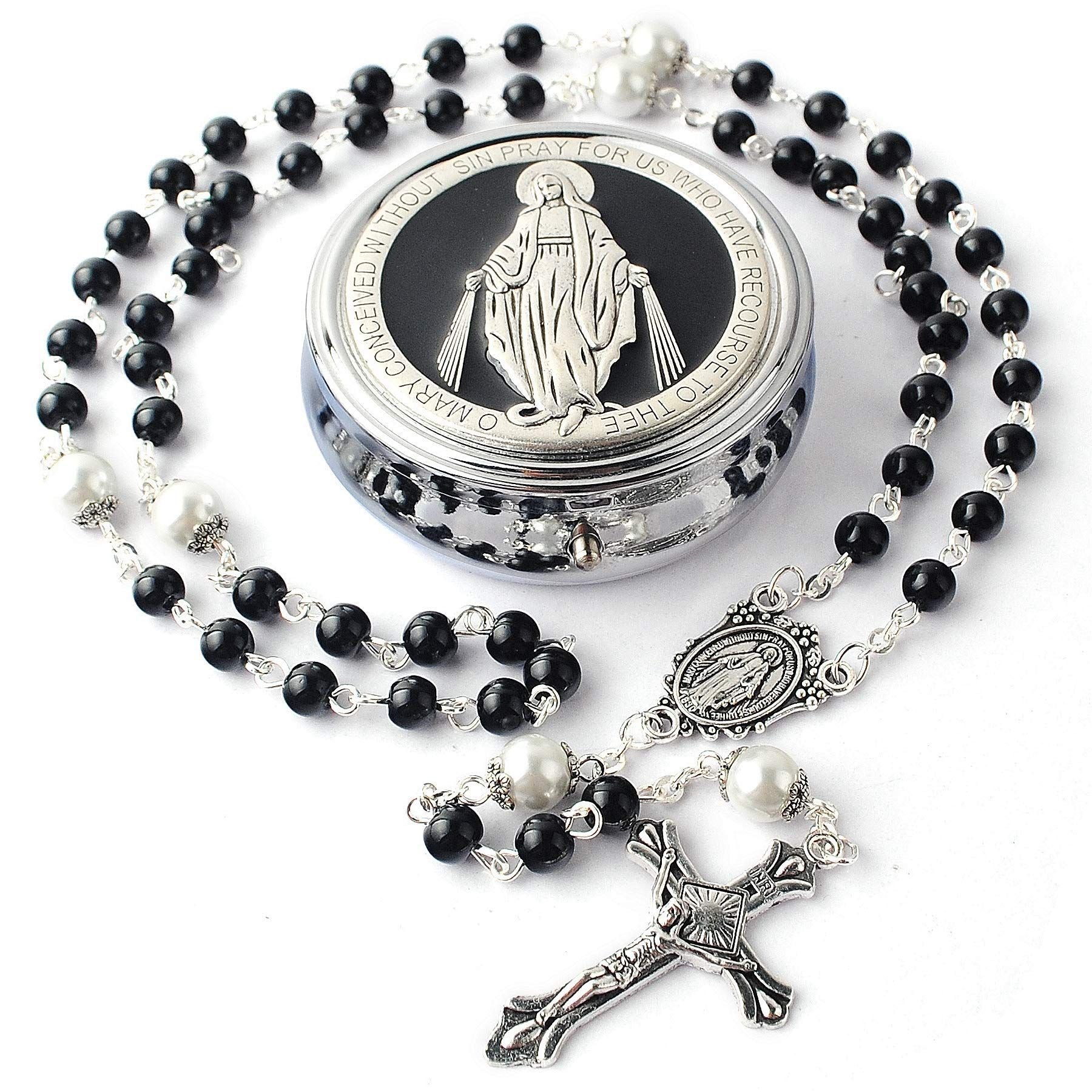 Virgin Mary alloy rosary beads — comes with a jewelry box