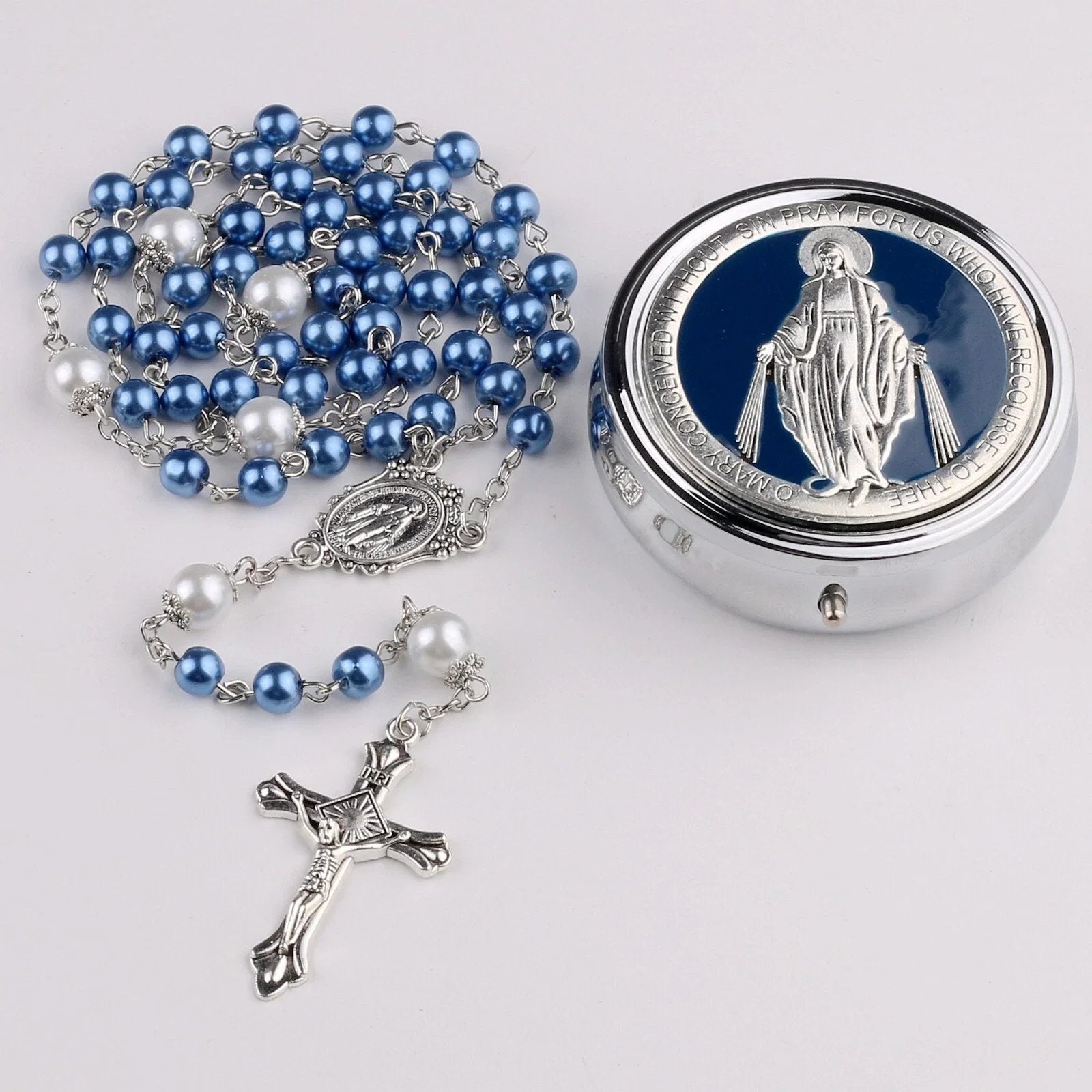Virgin Mary alloy rosary beads — comes with a jewelry box